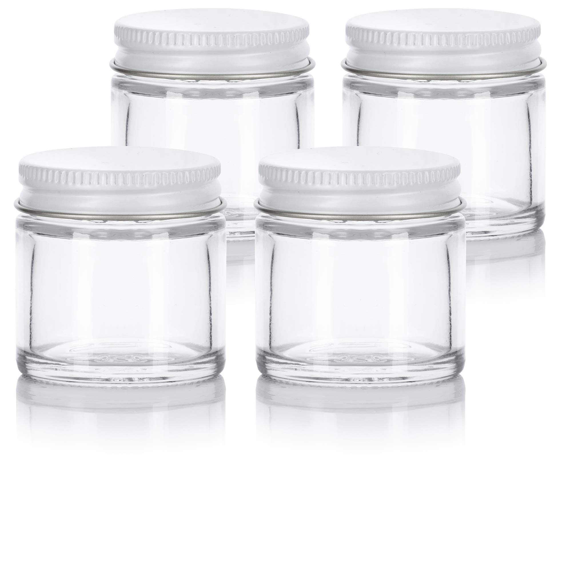 Photo 1 of 1 oz / 30 ml Clear Thick Glass Straight Sided Jar with White Metal Airtight Lid (4 pack)