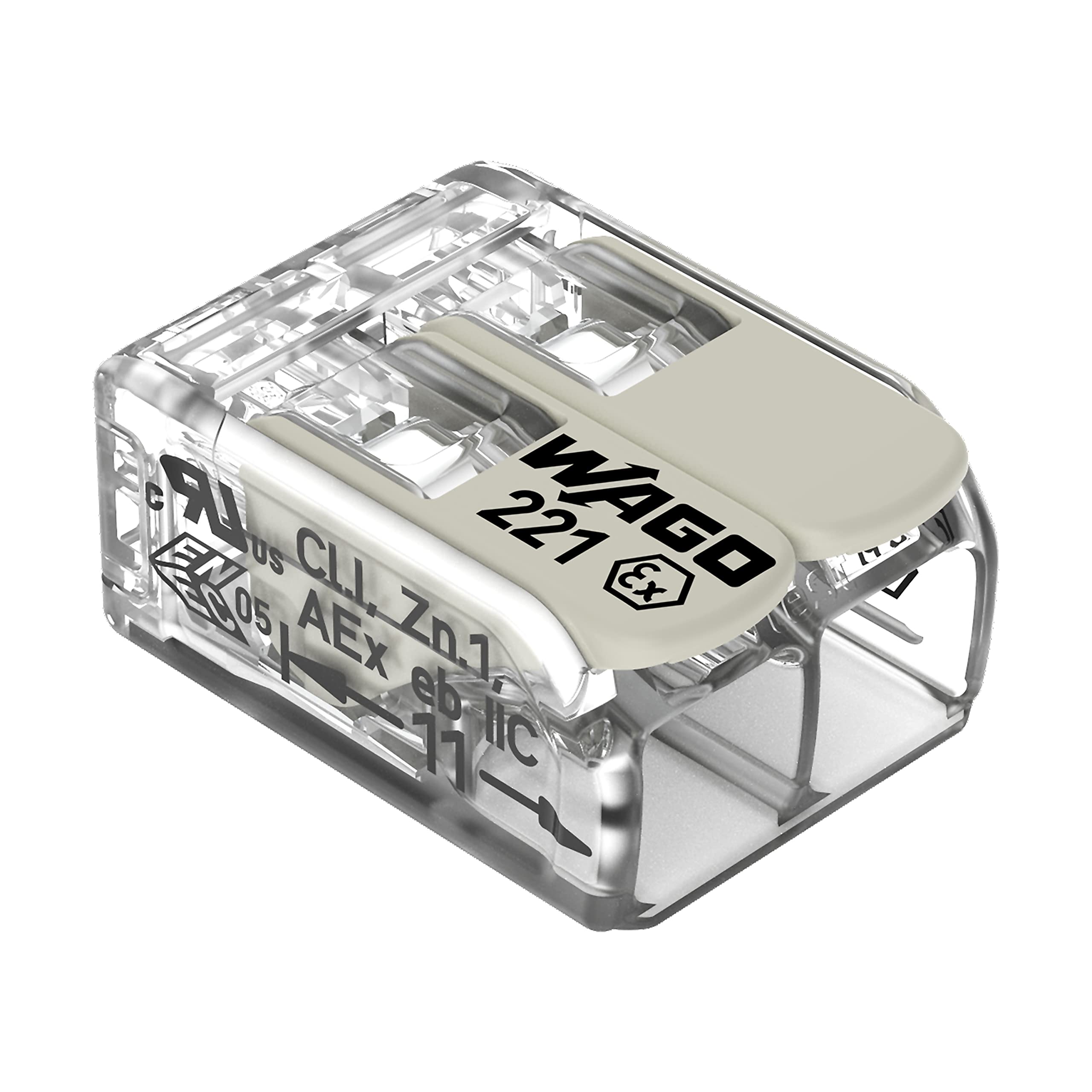 WAGO Compact Splicing Connector, for all conductor types, for Ex e applications, max. 4 mm², 2-conductor, with levers, transparent housing, Operating temperature (max.), 105 °C, 4,00 mm², Pack of 100