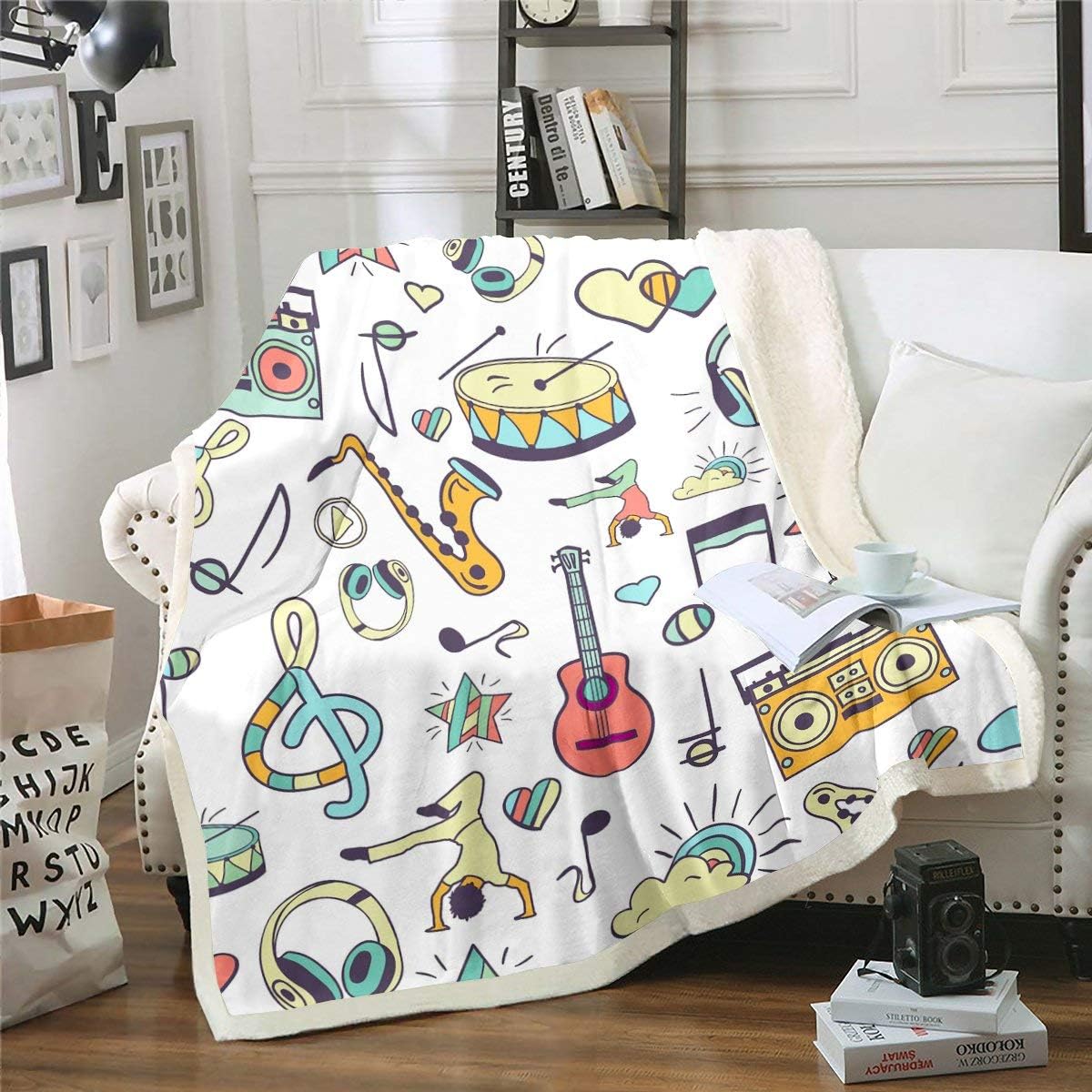 Erosebridal Bohemian Drum Sherpa Blanket Musical Notes Fleece Blanket
