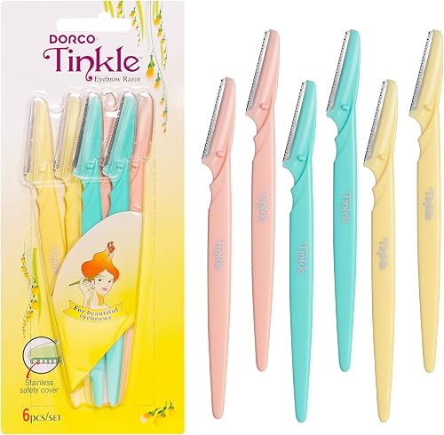 Tinkle Dermaplaning Tool 6ct, Dermaplane Razor for Women, Safe and Easy Peach Fuzz Remover, Eyebrow Trimmer with Protective Cover, Stocking Stuffers