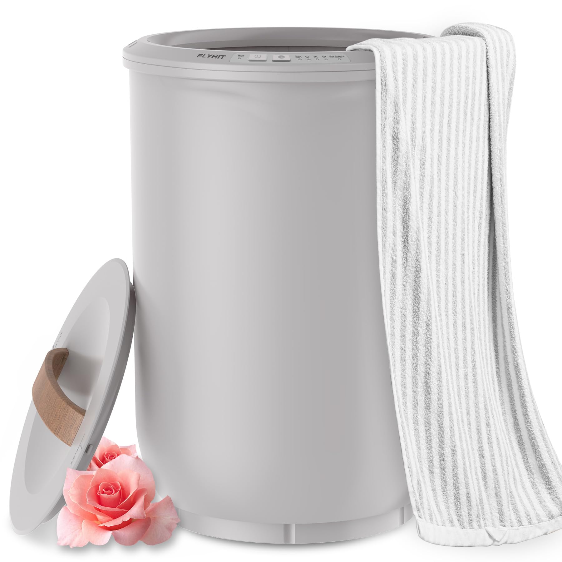FLYHIT Large Towel Warmer for Bathroom - Heated Towel Warmers Bucket, Wood Handle, Auto Shut Off, Fits Up to Two 40"X70" Oversized Towels, Bathrobes, Blankets, for Mother's Gifts, Gray Image