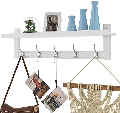 Amazon Co Jp Homfa 竹製 玄関 壁棚 吊り下げ棚 長さ29インチ 壁取り付け コートフックラック 5つのデュアルメタルフック付き 廊下 バスルーム リビングルーム ベッドルーム ホワイト Diy 工具 ガーデン