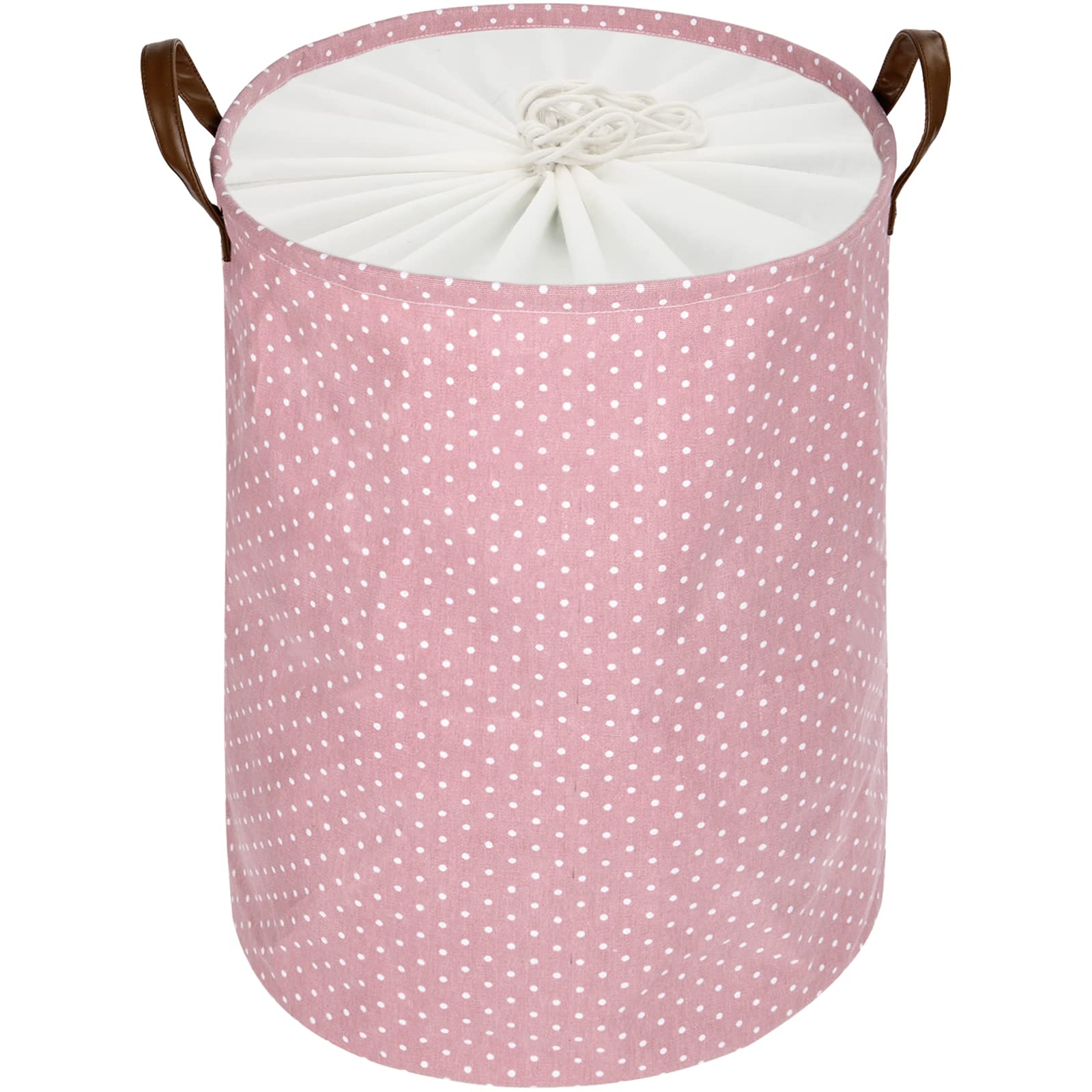 DOKEHOM 24-Inches Freestanding Laundry Basket with Lid, Collapsible Extra Large Drawstring Clothes Hamper Storage with Handle (Pink, XL)