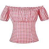 YARN & INK Women's 1950s Vintage Pinup Tops, Back Elastic Waist Cute Rockabilly Off Shoulder Shirt, Short Sleeves Blouse