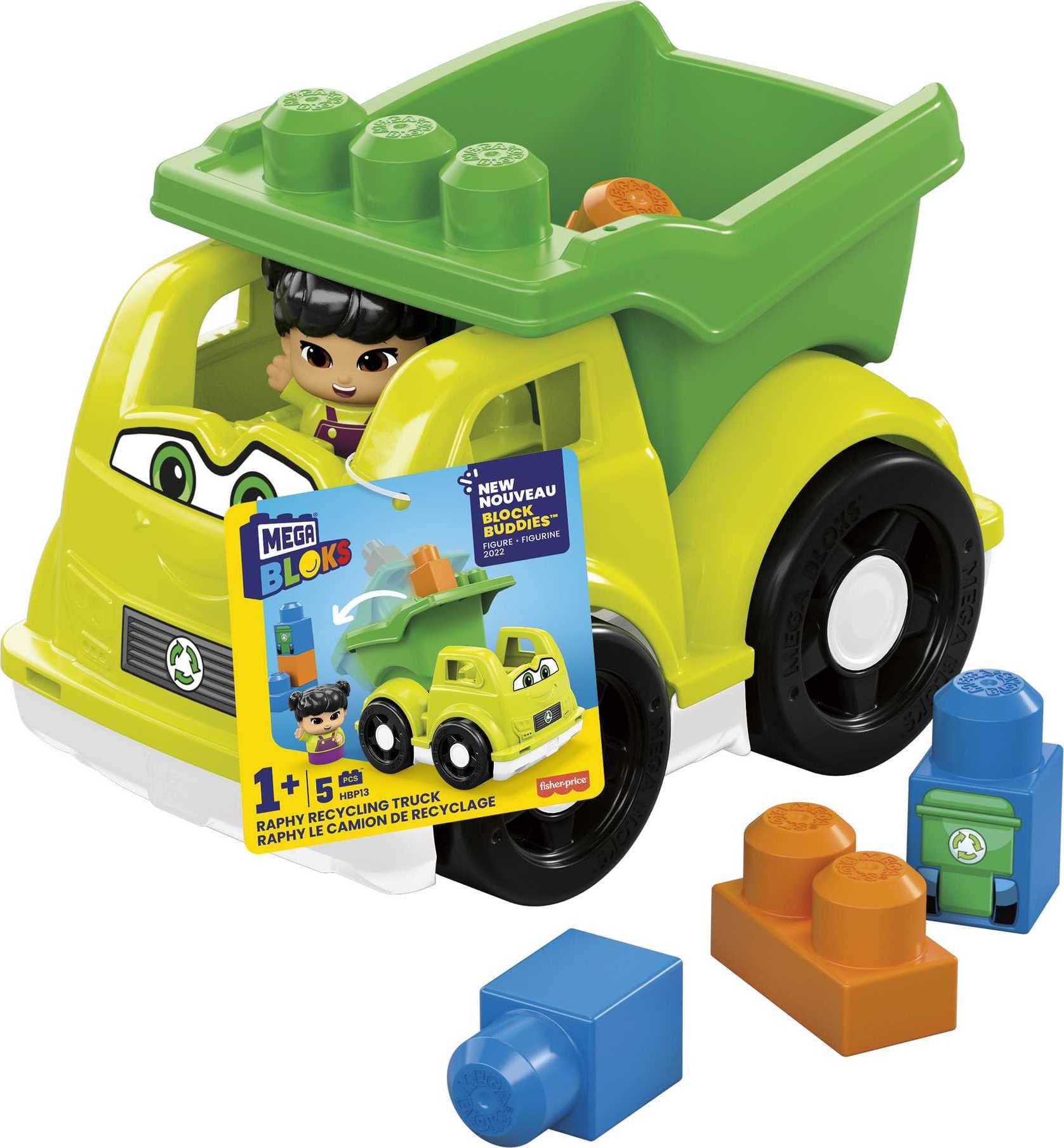 MEGA BLOKS Toddler Building BlocksToy Car with 1 Block Buddies Figure, Raphy Recycling Truck for Toddlers 1-3​