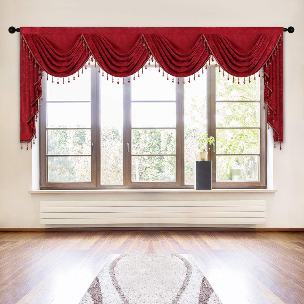 Photo 1 of ELKCA Thick Chenille Window Curtains Valance for Living Room, Burgundy Red Valance with Beads for Festival Holiday,Rod Pocket (W110inch,1 Panel)