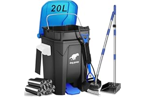 Uppcasir Dog Poop Trash Can Outside with Pooper Scooper and Metal Rake & Tray, 20L/5Gal Dog Waste Trash Can with Lid, Pedal and Removable Inner Waste Bin, Pet Poop Bin with 100 Bags, Blue