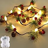 Christmas Garland with Lights,7FT Pinecones Christmas String Lights with Red Berries,Needles,20Led C6 Christmas Lights Battery Operated Prelit Garland for Xmas Decorations Indoor Outdoor