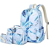 Imyth Backpack for Teen Girls School Gift Bookbag Lunch Box Pencil Bag 3 in 1 Set (Marble Blue)