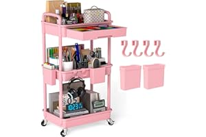 LLMRR 3 Tier Rolling Utility Cart with Drawer, Plastic Storage Organizer Rolling Carts with Wheels Handles Hanging Cups Hooks for Office, Bathroom, Kitchen,Craft Art Room (Pink)
