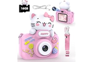 GAVONDE Kids Camera for Girls Age 3-8, Selfie Digital Camera for Kids, Children Toddler Camera for Chritmas Birthday Festival Gifts with Cute Protective Cat Case & 16GB TF Card, Pink