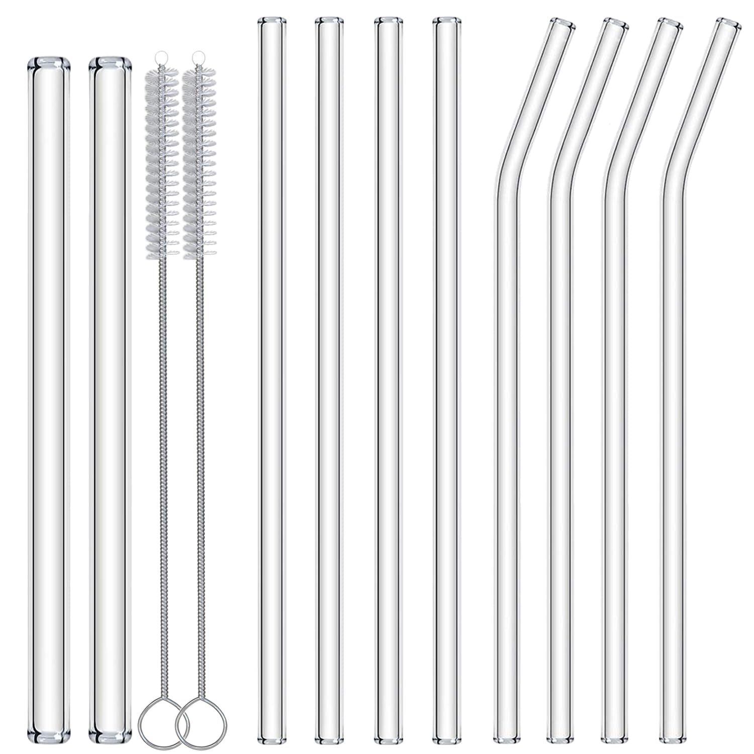 NAFENDER Reusable Glass Straws 10-Pack Drinking Straw 4 Bent + 4 Straight + 2 Wider Smoothie Straws with 2 Cleaning Brushes