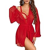 Avidlove 2 Pieces Cutout Teddy Bodysuit with Sheer Kimono Robe Mesh Sleepwear Nightwear Boudoir Outfits Sexy Lingerie Set