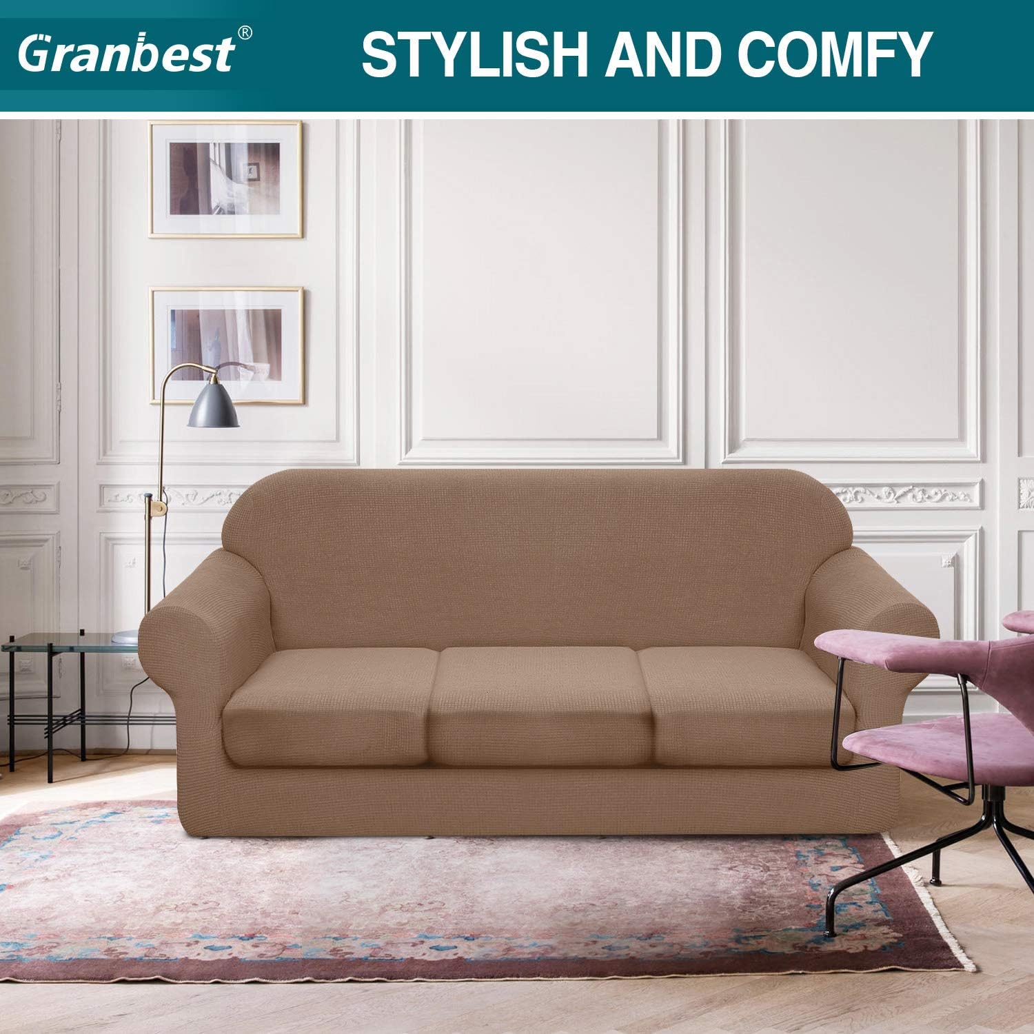 Granbest 4 Piece Premium Water-Repellent Sofa Slipcover for 3 Cushion Couch High Stretch Sofa Cover for 3 seat Sofa Super Soft Fabric Couch Cover for Dogs Pets Furniture Cover (Large, Khaki): Furniture & Decor