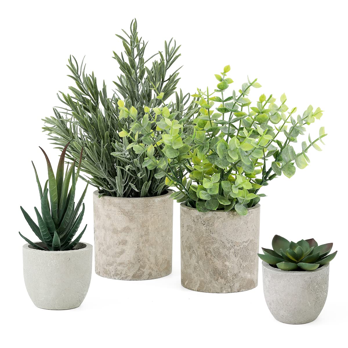 Veryhome 4PCS Artificial Plant in Pots Fake Succulents Plants in Pulp Pots Faux Eucalyptus Rosemary Topiary Shrubs Potted for Home Decorative Home Accessories Desk Living Room Decor