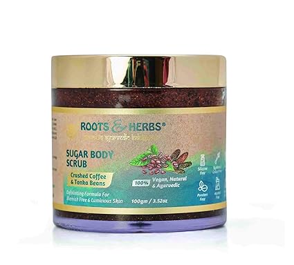 Roots & Herbs Ayurvedic Natural Treatment 100% Vegan No Paraben Sugar Body Scrub (Crushed Coffee & Tonka Beans)