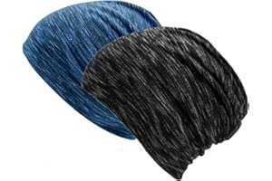 2 Piece High Stretch Cotton Blend Skull Cap Set Color Stripe Double Layer Slouchy Beanie for Men Women