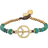 AeraVida Vintage Peace Sign Bracelet with Malachite and Brass Beads on Cotton Wax Rope | Handmade Green-Tone Symbolic Jewelry with Toggle Closure | Boho Style Accessory