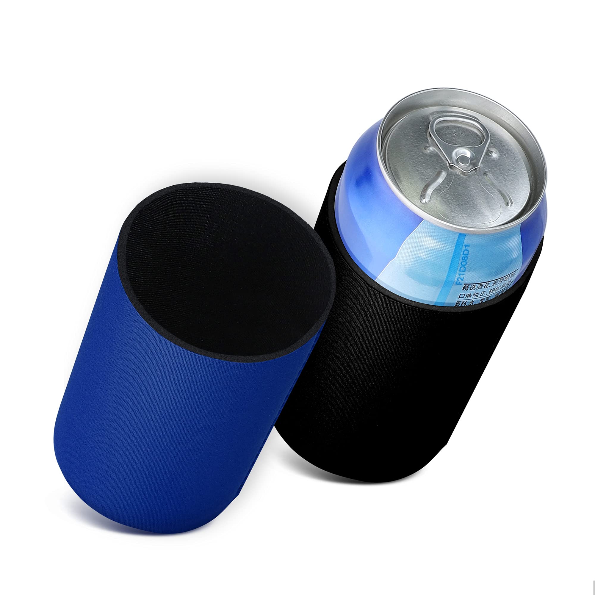 kwmobile Set of 2 Neoprene Can Coolers Compatible with 330ml / 355ml Can - Keep Beer Soda Soft Drinks Cool - Black/Blue