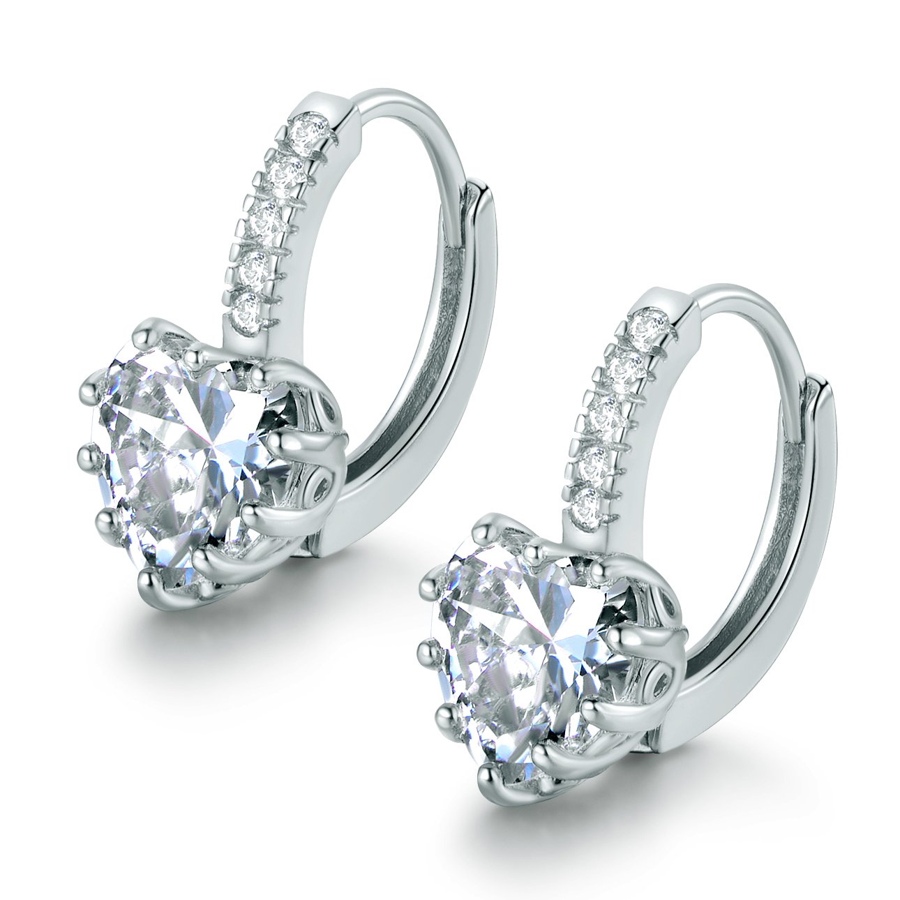 MASOP Charming Smooth Heart Cut Birthstone April Clear Crystal CZ Sterling Silver Leverback Hoop Earrings for Women