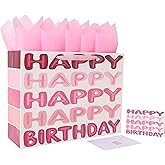 16.5" Extra Large Pink Happy Birthday Gift Bag Set with Handles, Greeting Card, Tissue Papers and Stickers for Women Girls Kids Teens, Words Design, 1 Pcs