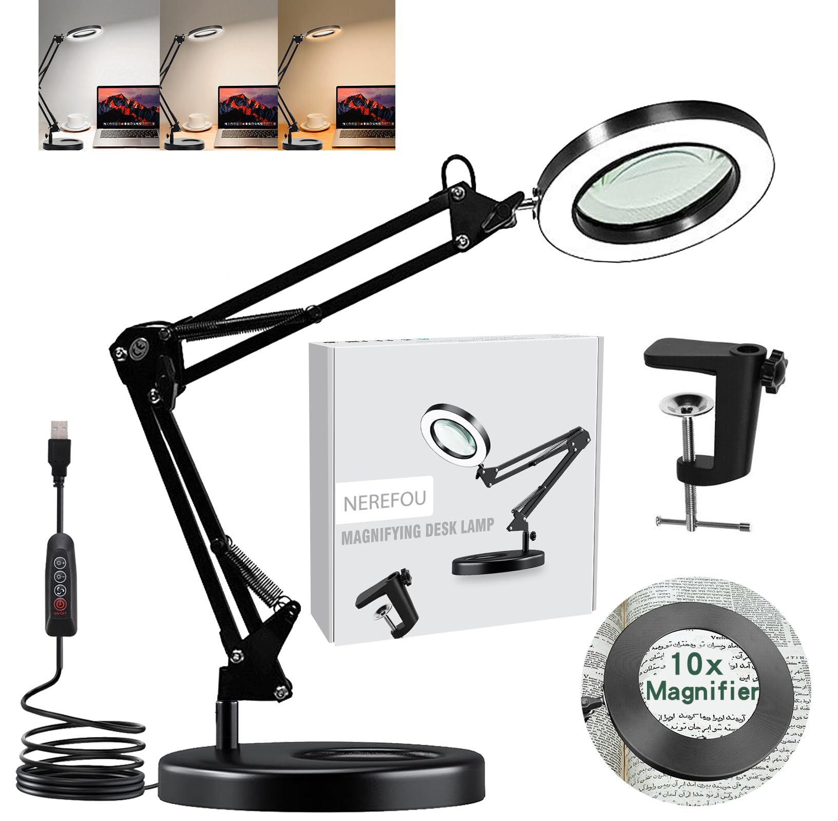 Photo 1 of Nerefou 10X Magnifying Lamp with Light and Stand, 2-in-1 Desk Lamp with Clamp, 3 Color Modes, Close Work Magnifying Glasses (1st Generation Base & Clamp)