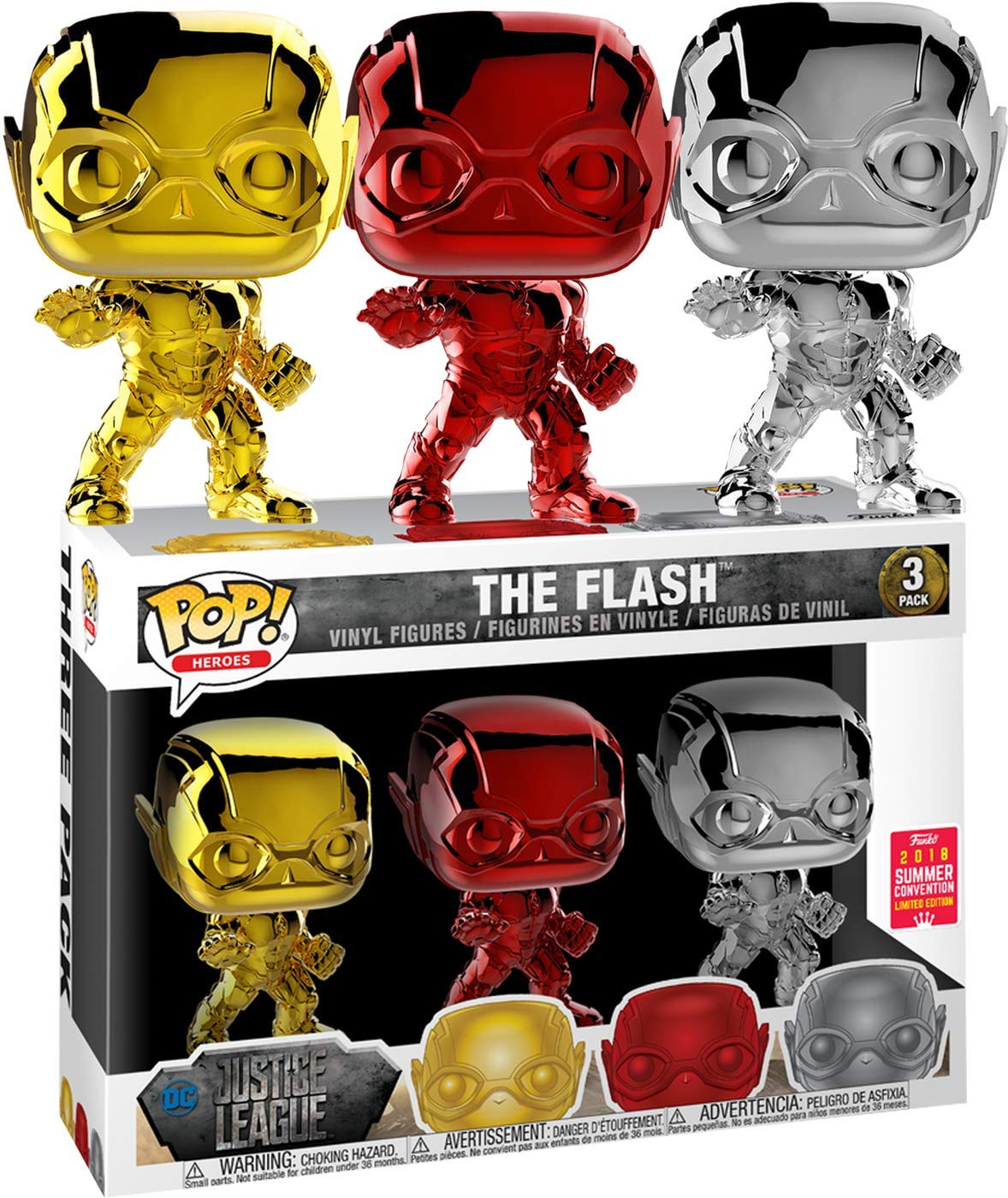 Funko Pop! Heroes: Justice League - The Flash (Gold, Red and Silver Chrome) SDCC Exclusive 3-pack