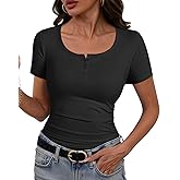 JUSTFASHIONNOW Womens Short Sleeve Tops Stretchy Henley Scoop Neck Fitted Casual Basic Ribbed T-Shirts 2026 Summer Trendy