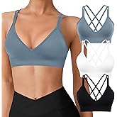 VEQING Seamless V-Neck Women Sports Bras, Padded Cross Back Wireless Low Impact Workout Yoga Bras for Small Chests, 3 Pack