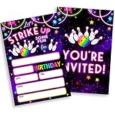 Bowling Birthday Party Invitations, Double-Sided Neon Glow Themed Bowling Invitations for Boys Girls, Let's Strike Up Party Celebration, Set of 20 Party Invite Cards with Envelopes (4&times;6 inch) - B01