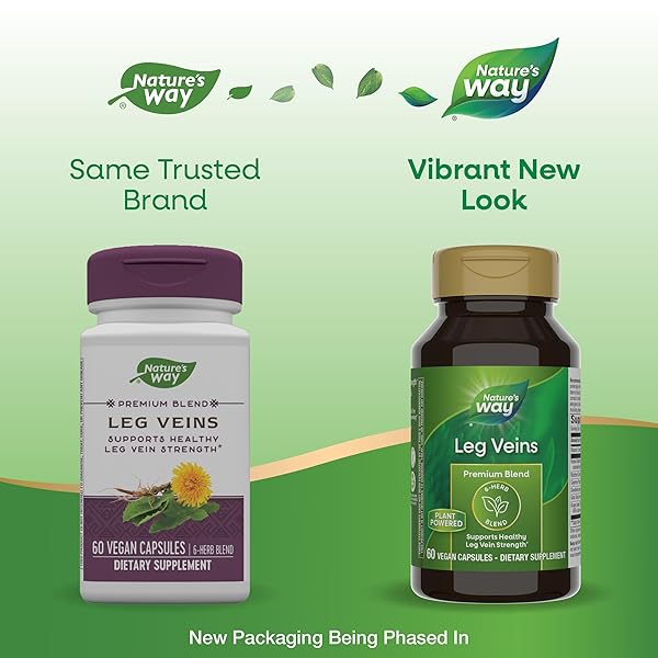 NATURE’S WAY LEG VEINS, SUPPORTS HEALTHY LEG VEIN STRENGTH*, 6-HERB BLEND, WITH HORSE CHESTNUT EXTRACT, DANDELION, GLUTEN FREE, 60 VEGAN CAPSULES (PACKAGING MAY VARY)