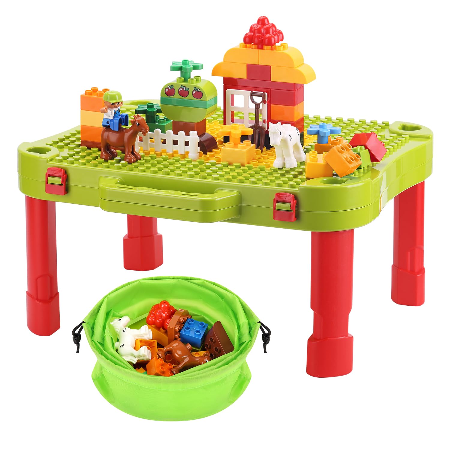Photo 1 of 3 in 1 Kids Activity Table, Kids Play Table Set with 42 Blocks, Building Blocks Kit Compatible with Mega Blocks and Lego Duplo, Foldable Activity Desk, Play Board, and Toy Storage for Toddlers