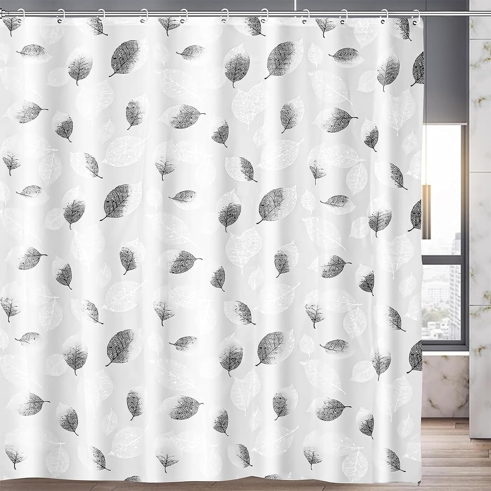 COSORO PEVA Shower Curtain 180x180cm,Heavy Duty Plastic Leaves Pattern Weighted Shower Curtains Mould Proof Resistant Waterproof Bath Curtains with 12 Hooks for Wet Room,Bathroom,Shower Stall,Bath Tub