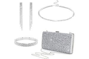 4 Pieces Women Rhinestone Jewelry Set Evening Clutch Bag Bling Earring Bracelet Necklace Silver Accessories for Wedding Engag