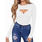 HERLOLLYCHIPS Womens Long Sleeve Tops Short Sleeve Cut Out Front Ribbed Fitted Sexy Casual Dressy Fall Tee T-Shirts Tshirt