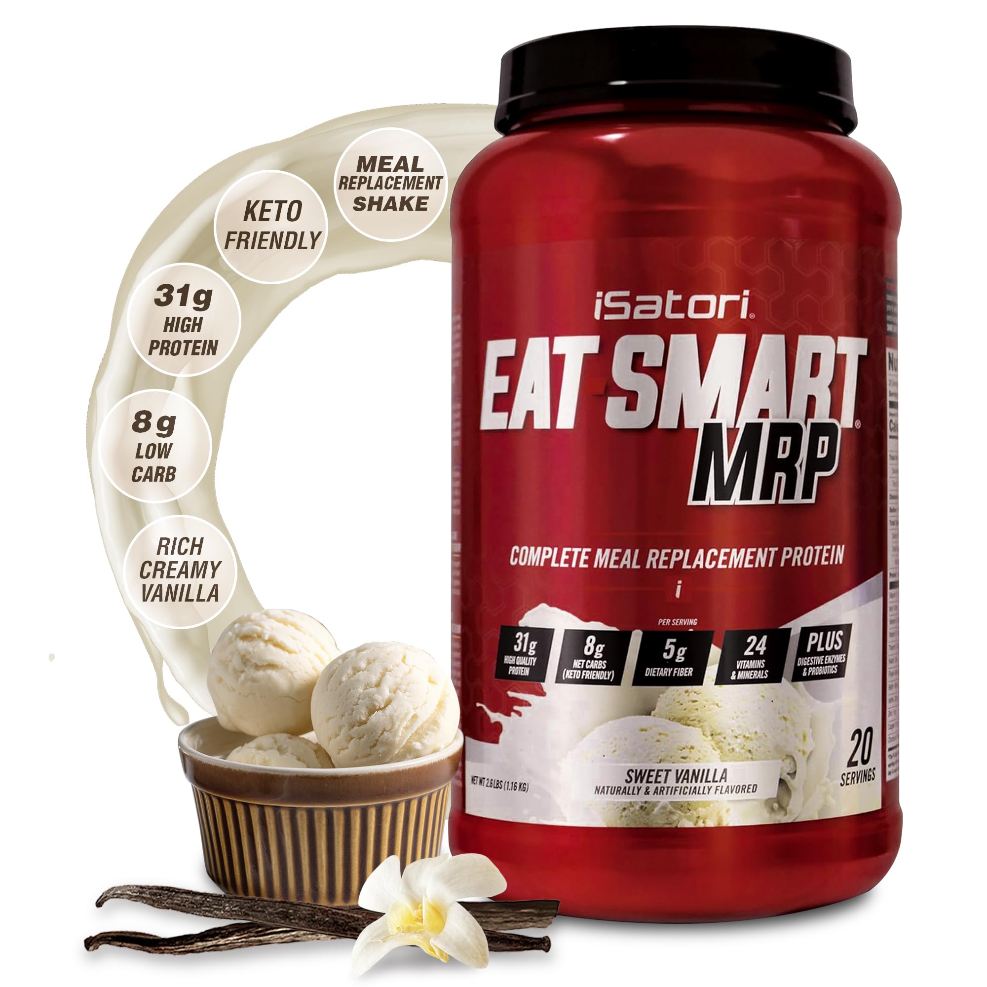 iSatori Eat Smart MRP, High Protein Meal Replacement Shake with Whey Protein Powder, Probiotics Powder, Casein Protein, MCT Oil, Egg Albumen, Vitamins & Minerals, Keto, Vanilla Flavor, 20 Servings