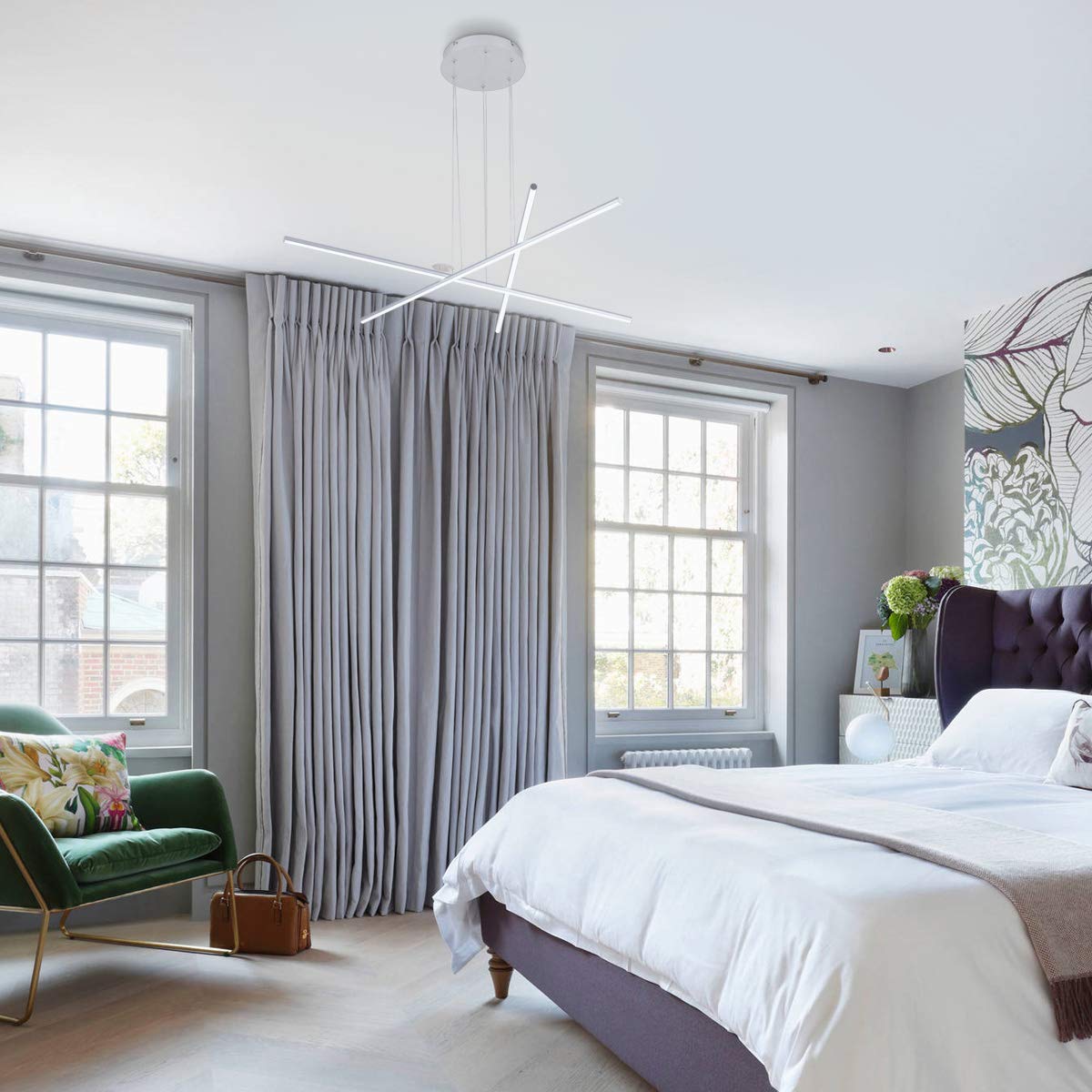 Royal Pearl Modern Pendant Light LED 3 Light Linear Chandelier Ceiling Lights with Adjustable Cord Hanging Pendant Lighting for Office Kitchen Bedroom Dining Room Silver