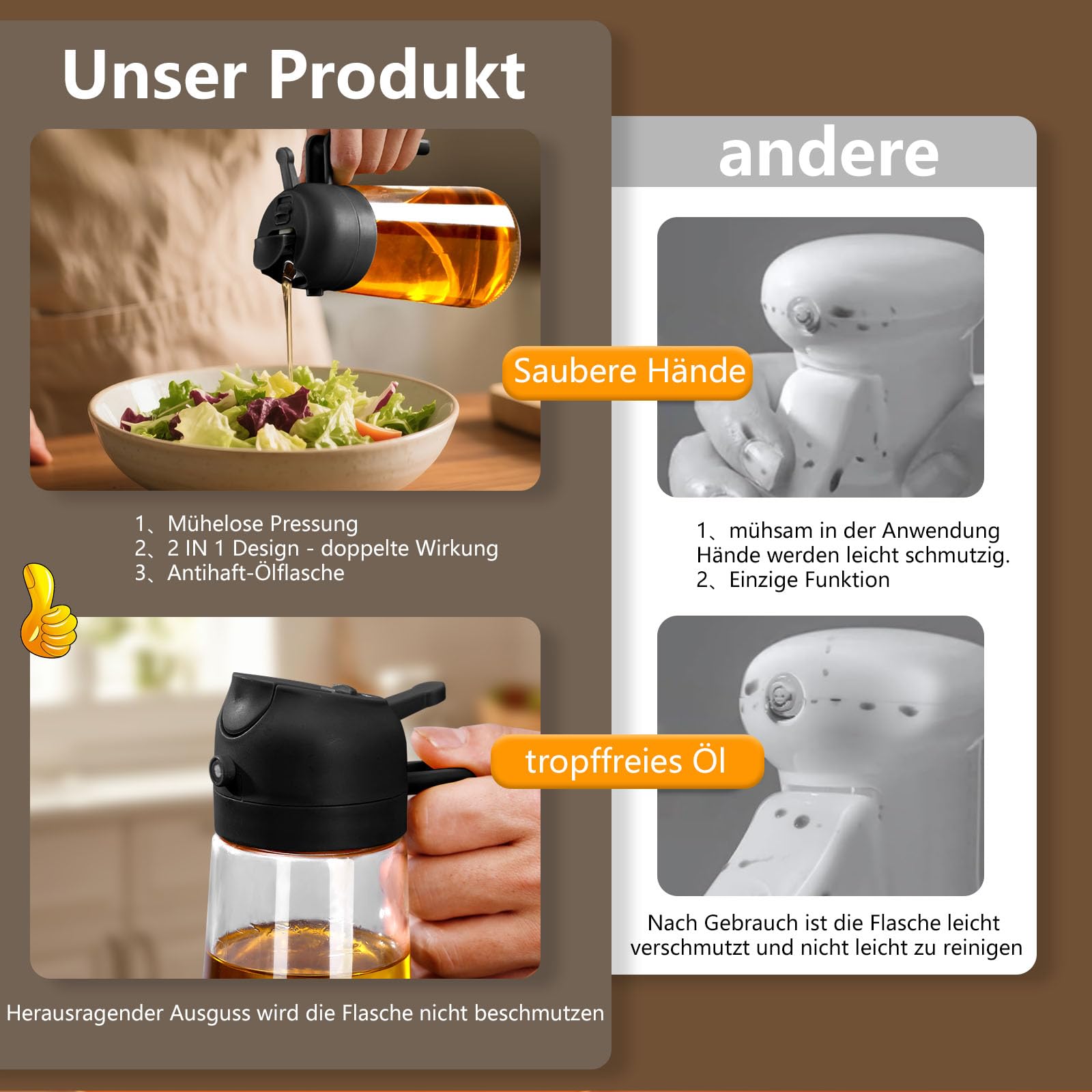 SWEET VIEW 2 in 1 Ölsprüher zum Kochen, 470ml Glasölflaschen/Olivenöl Sprühflasche für Salat, Grillen und Heißluftfritteuse (Schwarz) 6
