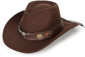 CAYSEP Women-Classic-Western-Cowboy-Shapeable-Hat - Men-Roll-Up-Wide-Brim-Felt-Fedora-Hats-Cowgirl-Hat with Belt Buckle(M-L)