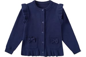 LIFAKY Girls Cardigan Sweater Button Long Sleeve Ruffle School Uniform Crewneck Pockets Knit Solid Sweaters Tops
