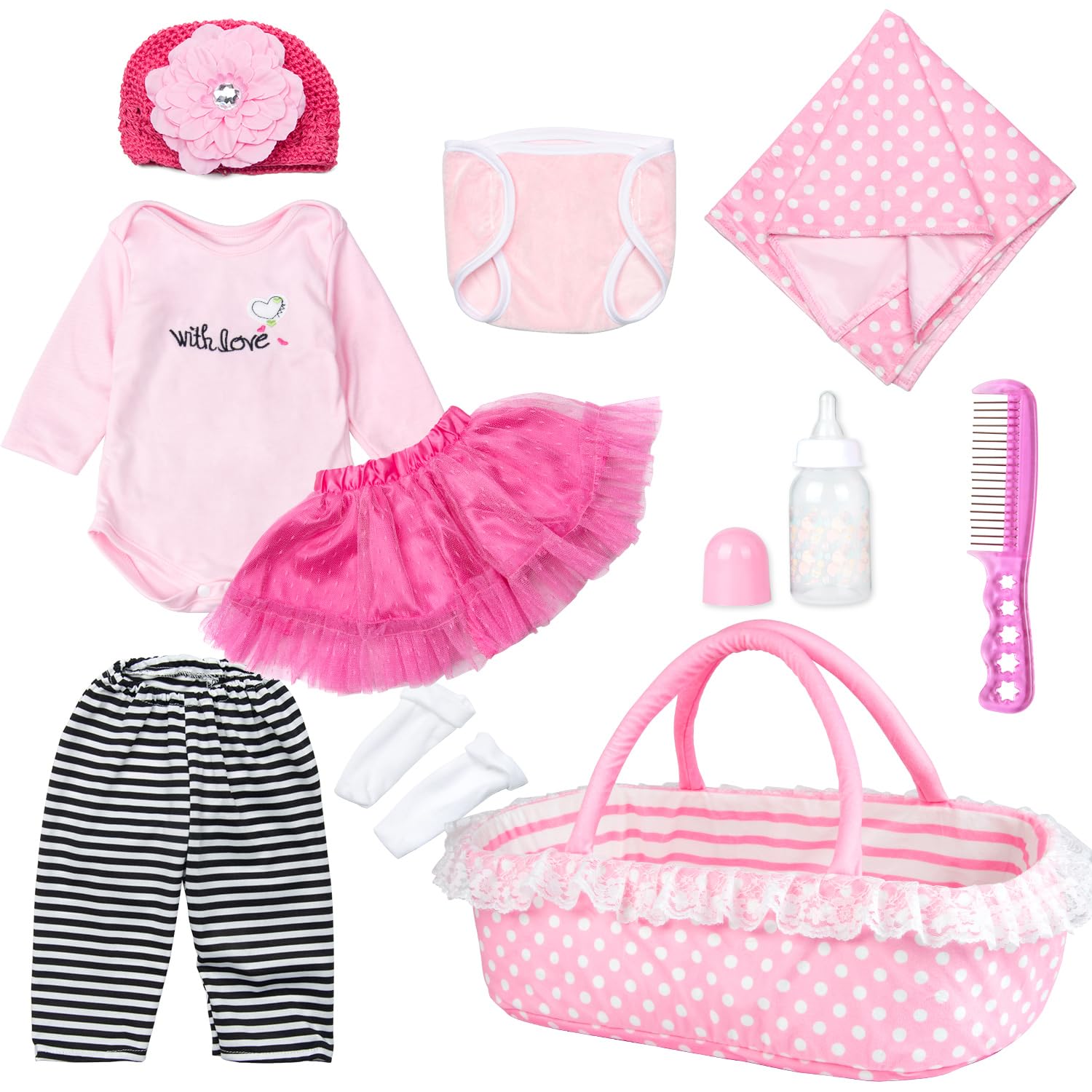 View 1 of 10 Pcs Reborn Baby Doll Clothes Girl with Bassinet Accessories, Newborn Doll Pink Outfit 17-22 Inch Tulle Skirt & Blanket
