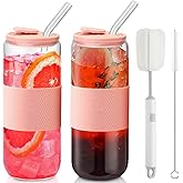 ASANMEYO 24oz Can Shaped Glass Cups with Silicone Lids and Glass Straw, 2PCS Drinking Glasses with Lids and Straws, and Silicone Sleeves, Beer Glasses, Iced Coffee Cups, Soda, Gift - Pink