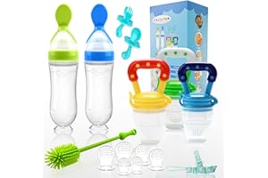 WAJIAYON Food Feeder Baby Fruit Feeder Pacifier (3 Pcs) with 6 Different Sized Silicone Pacifiers 2 PCS Silicone Baby Food Dispensing Spoon 90ML with 2 Baby Spoons Silicone Bottle Brush Pacifier Clip