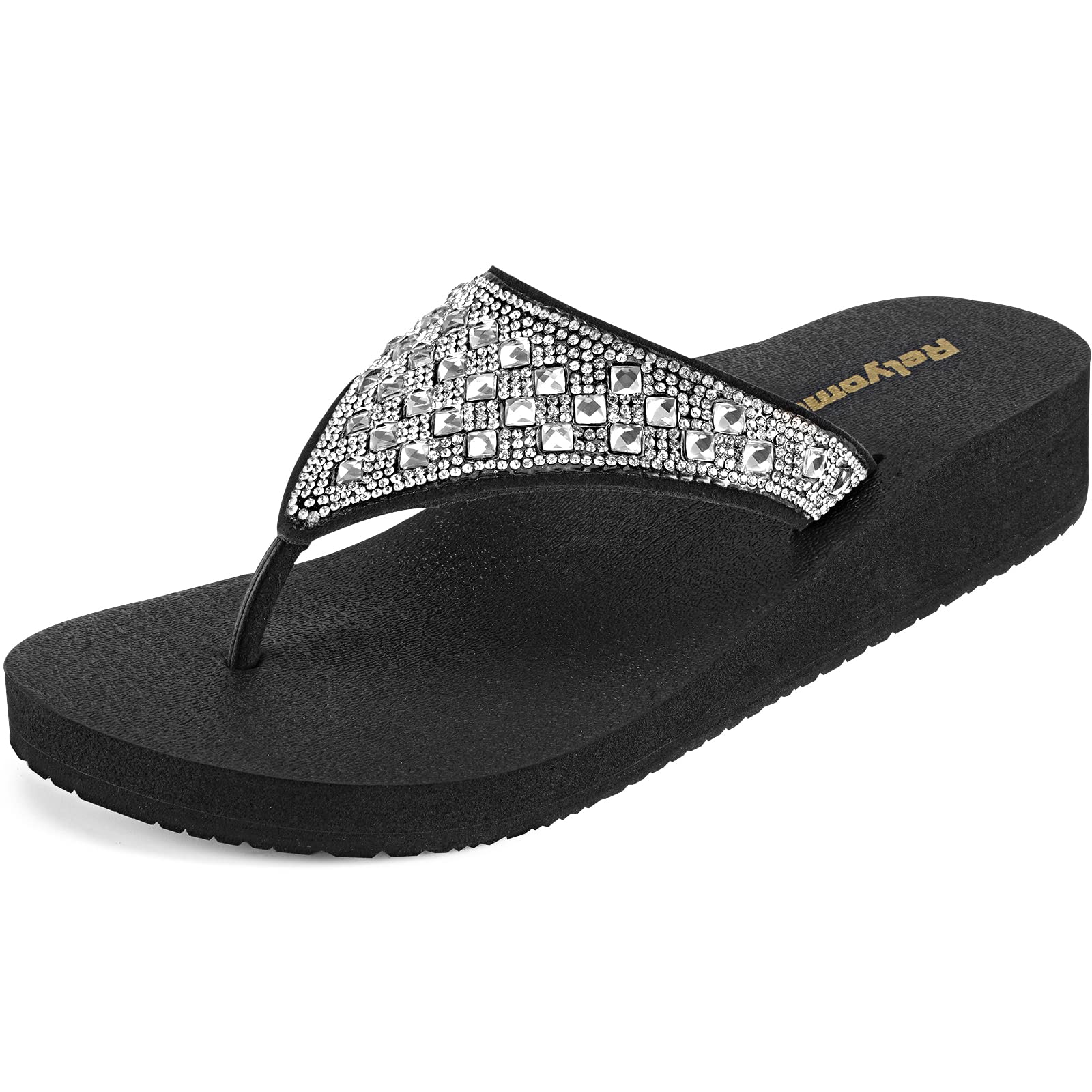 Photo 1 of RelyOme Womens Rhinestones Flip Flops Arch Support Mid Platform Bling Comfortable Flip-flops Jewel Dressy Thong Sandals,Black US 7
