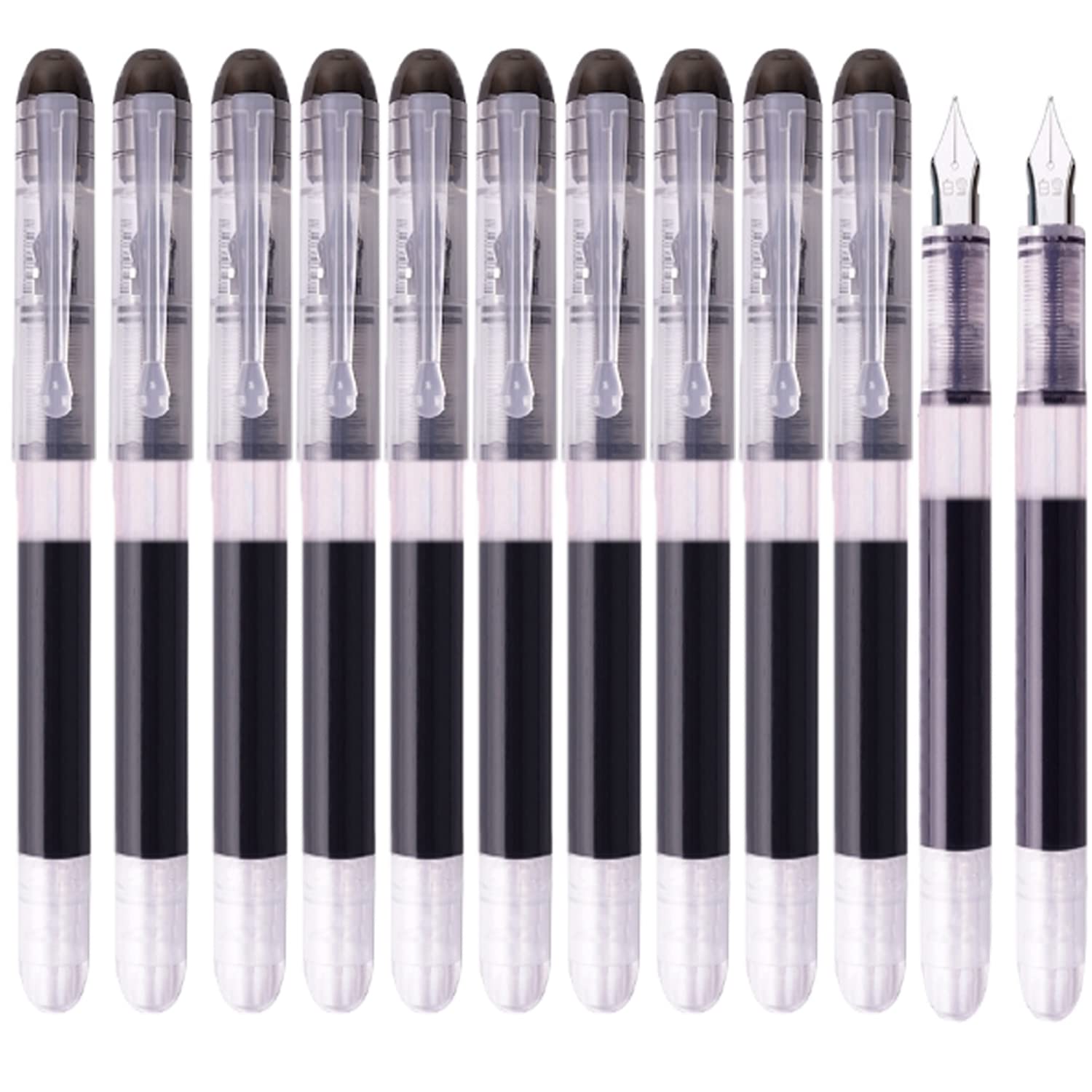 iHMeiju 12pcs Black Disposable Fountain Pens, Black Ink Fountain Pens for Writing, Smooth-Writing Office Supplies for Sketching, Journaling, Calligraphy, Doodling and Gifts.