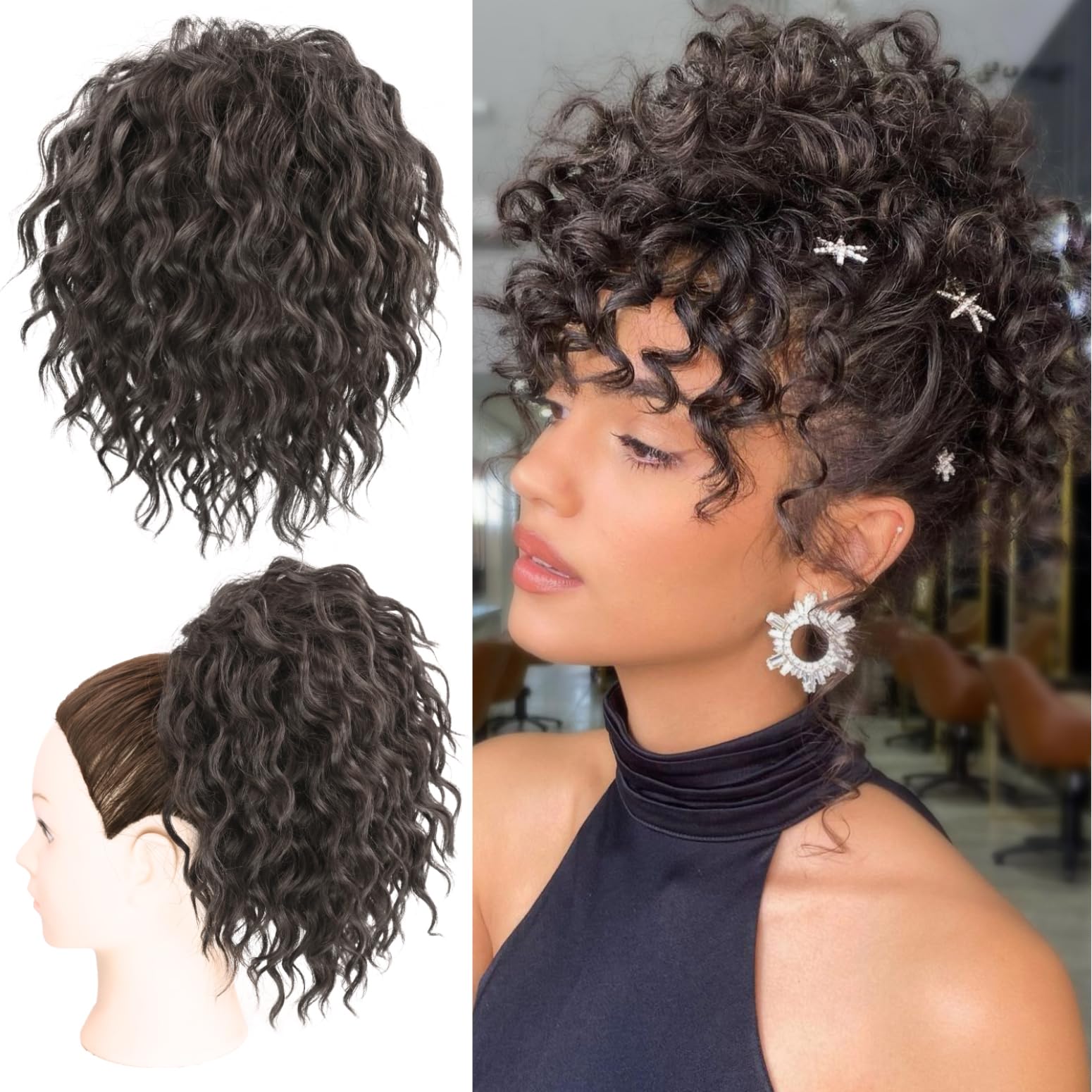 Allyreetress Messy Bun Hair Piece, Yaki Textured Sweet Loose Wavy Curly Hair Bun Hair Toppers Synthetic Hairpieces Pony Tails Short Drawstring Ponytail Extensions for Women(Natural Black)