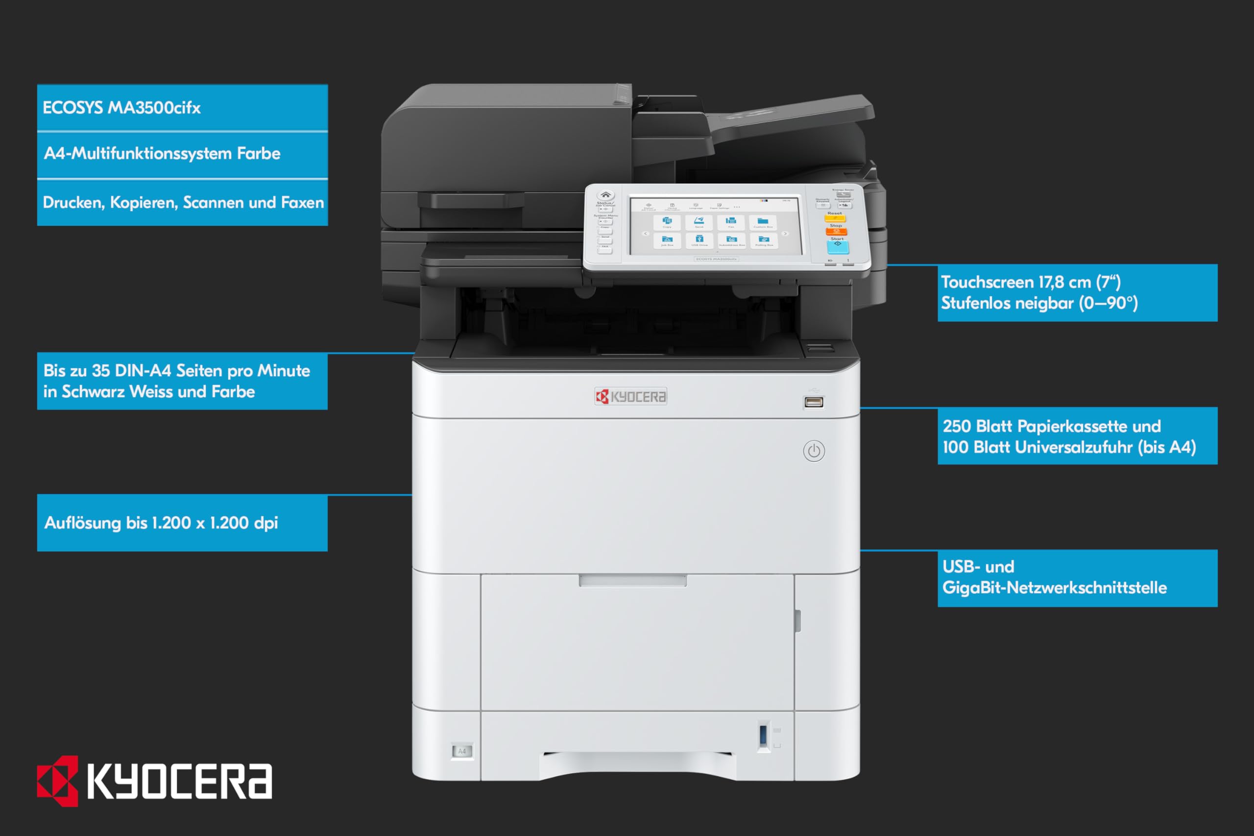 Kyocera Ecosys MA3500cifx Farblaserdrucker Multifunktionsgerät, Duplex, 35 Seiten pro Minute Drucker Scanner Kopierer, Faxen, Laserdrucker Multifunktionsgerät, Touchpanel, Gigabit LAN, Mobile Print 2