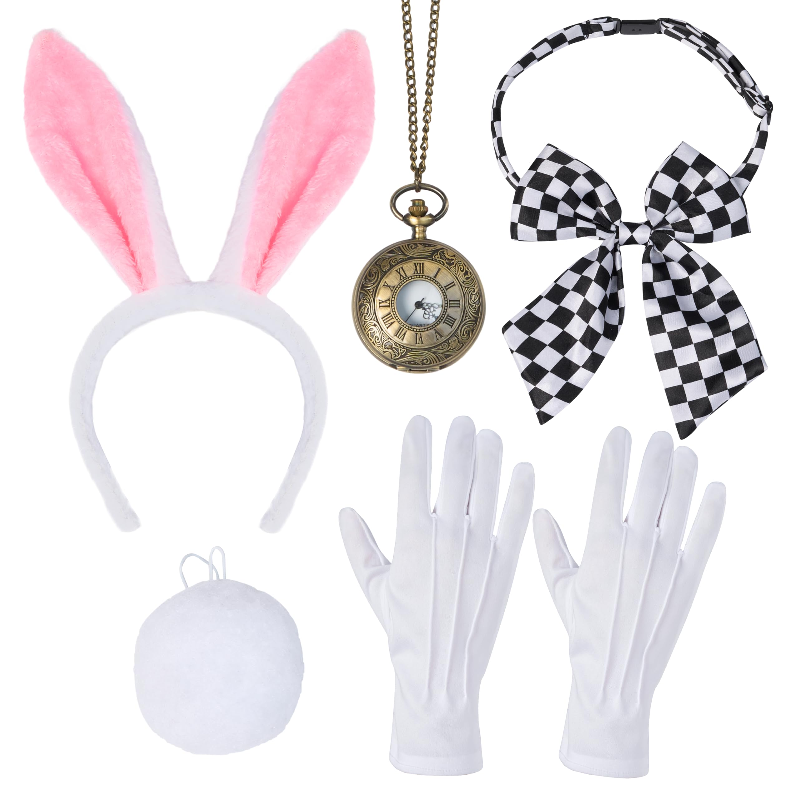 Photo 1 of *** MISSING EARS AND NOSE **** Spooktacular Creations White Bunny Accessory Set, Bunny Costume with Headband Bow Tie, Tail, Gloves, Pocket Watch for Women, Halloween Rabbit Costume, for Women for Role Play and Part