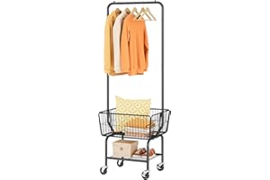 Tajsoon Laundry Cart with Hanging Rack, Metal Laundry Basket with Wheels, Laundry Hamper with Storage Basket and Shelf, Rolling Laundry Cart with Wheels, Black