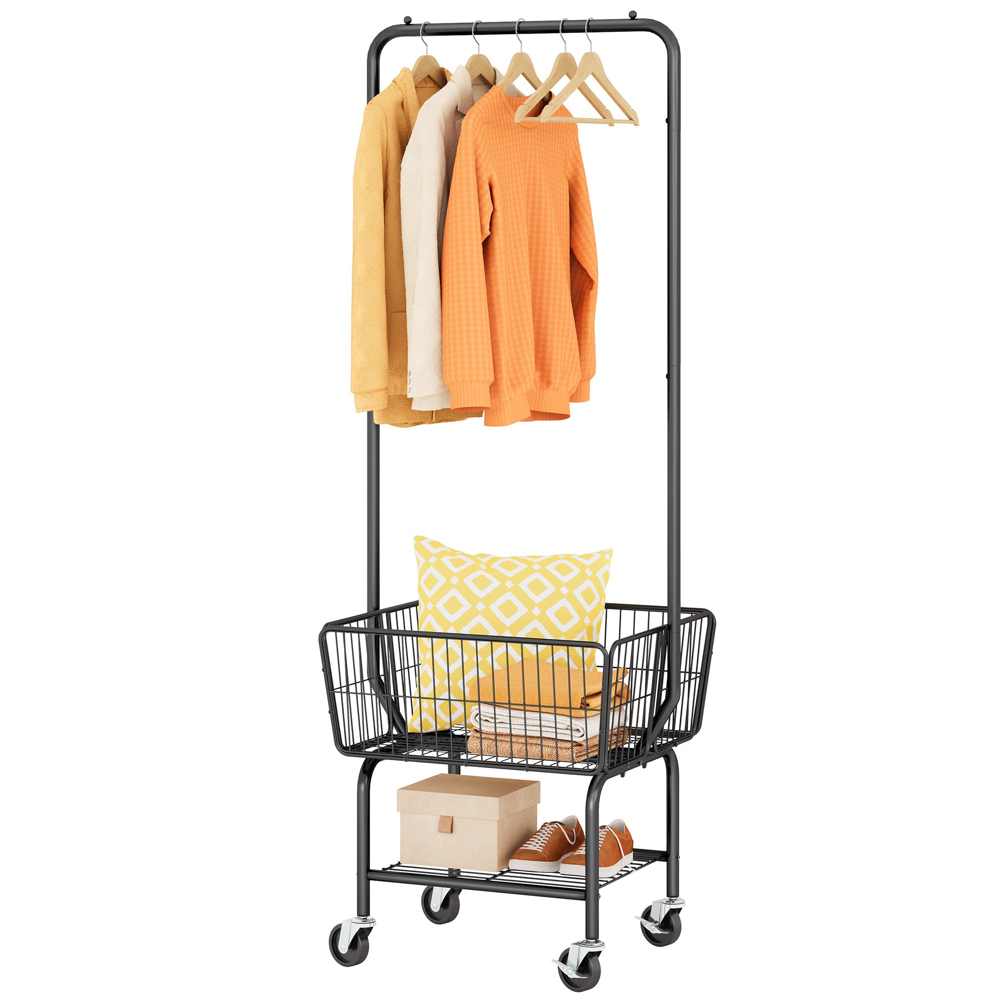 Photo 1 of Tajsoon Laundry Cart with Hanging Rack, Metal Laundry Basket with Wheels, Laundry Hamper with Storage Basket and Shelf, Rolling Laundry Cart with Wheels, Black